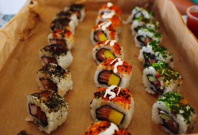 High angle view of sushi in plate