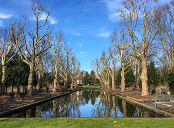 Scenic view of park by lake against sky
