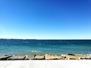 Scenic view of sea against clear blue sky