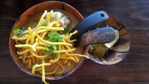 High angle view of vegetables in bowl on table