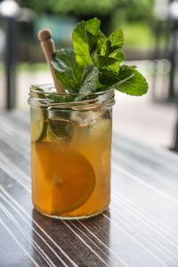 Close-up of lemon juice on table