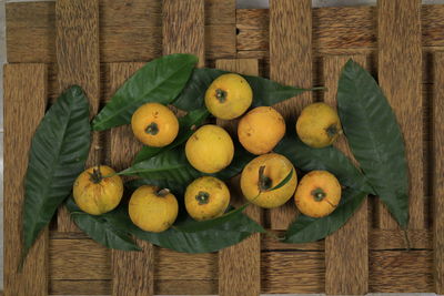 Directly above shot of fruits in basket on table