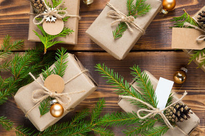 High angle view of christmas tree in box