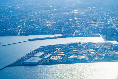 Aerial view of city buildings during winter