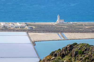 High angle view of sea and buildings against sky