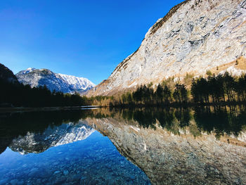 Scenic view of lake and mountains against blue sky