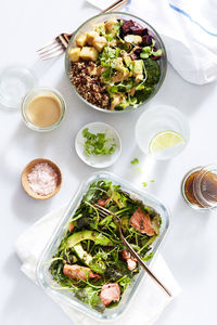 High angle view of food over white background