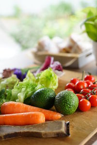 High angle view of fruits and vegetables on table