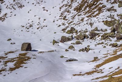 High angle view of rocks in lake