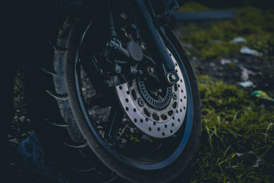 High angle view of bicycle wheel on field