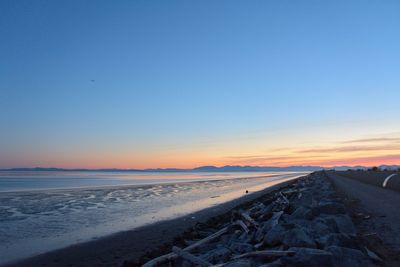 Scenic view of land against clear sky during sunset