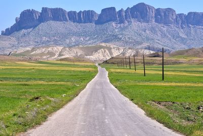 Road amidst field against mountains