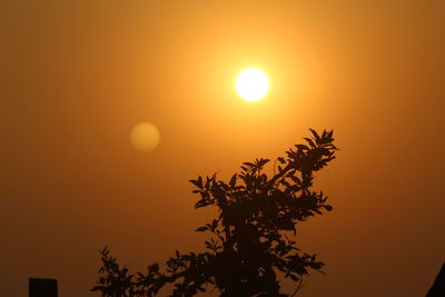 Low angle view of silhouette tree against orange sky