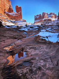 Aerial view of snow covered rock formations