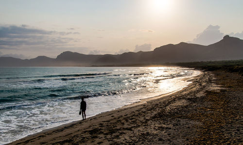 Rear view of silhouette man standing on beach during sunset