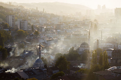 High angle shot of townscape against sky