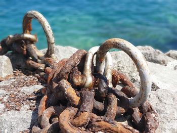 Close-up of rusty metal chain on shore