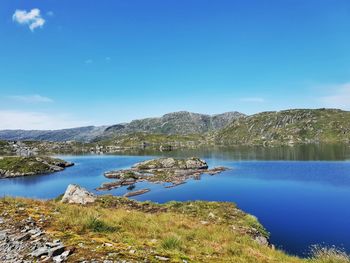 Scenic view of lake against blue sky