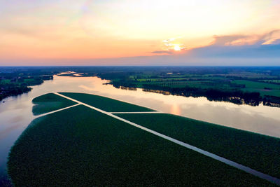 Mantua lake aerial view,, lotus flowers field in the foreground