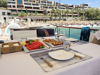 High angle view of breakfast served on table in city