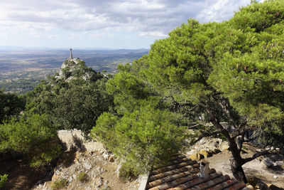View of trees on landscape against cloudy sky
