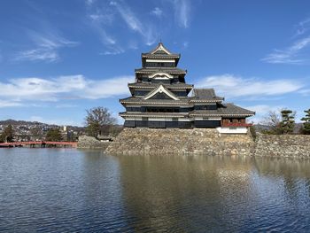 Traditional building by lake against sky