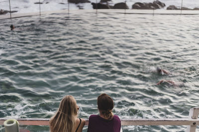 High angle view of women against swimming pool