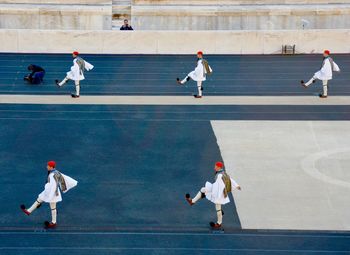 High angle view of people on floor