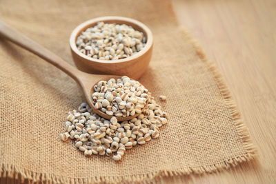 Close-up of spices in jute