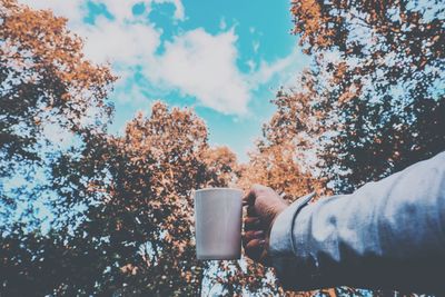 Low angle view of hand holding coffee against trees