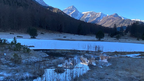 Scenic view of lake by snowcapped mountains against sky