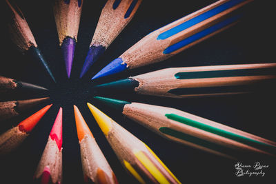 High angle view of multi colored pencils