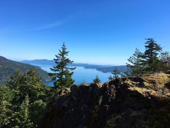 Scenic view of mountains against blue sky