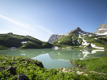 Scenic view of lake and mountains against sky