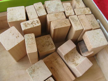 High angle view of stack on table