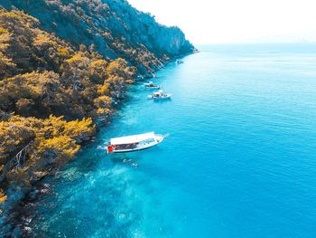 High angle view of boat sailing on sea