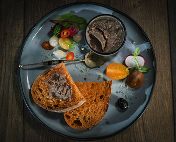 High angle view of breakfast served on table