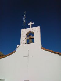 Low angle view of building against clear blue sky