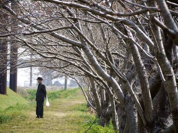 Man standing on tree trunk