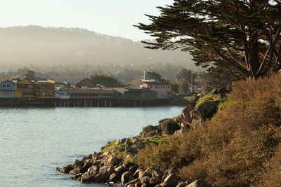 Scenic view of lake and buildings against sky