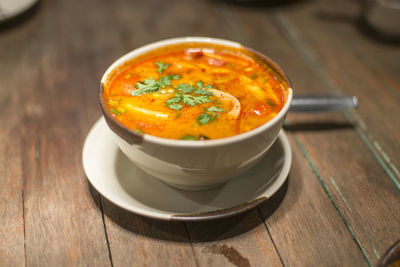 High angle view of soup in bowl on table