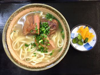 High angle view of meal served on table