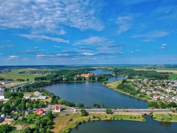 High angle view of landscape against blue sky