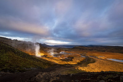 Steam rising from the earth at sólheimajökull geopark, iceland.