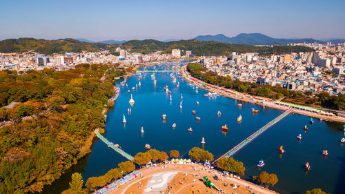 High angle view of buildings in city