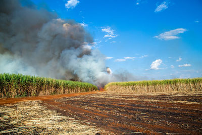 Smoke emitting from land on field against sky