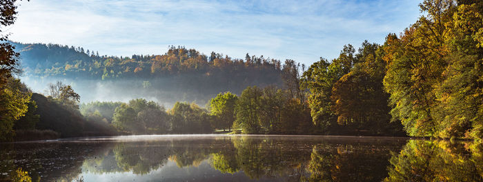 Lake fog landscape with autumn foliage and tree reflections in styria, thal, austria. autumn season 