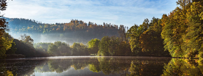 Lake fog landscape with autumn foliage and tree reflections in styria, thal, austria.