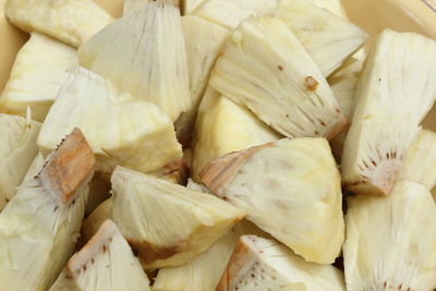 Close up of steamed breadfruit or artocarpus altilis in slices