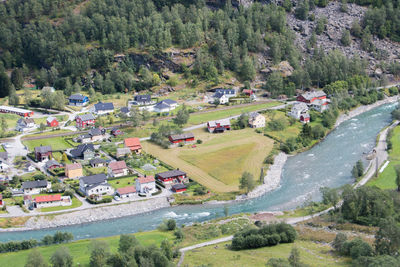 High angle view of road along trees